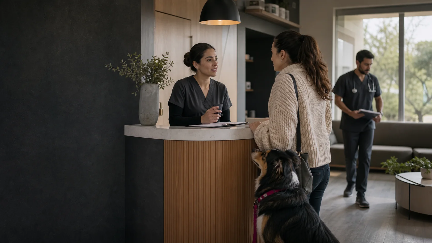 A veterinary reception team welcoming a pet owner