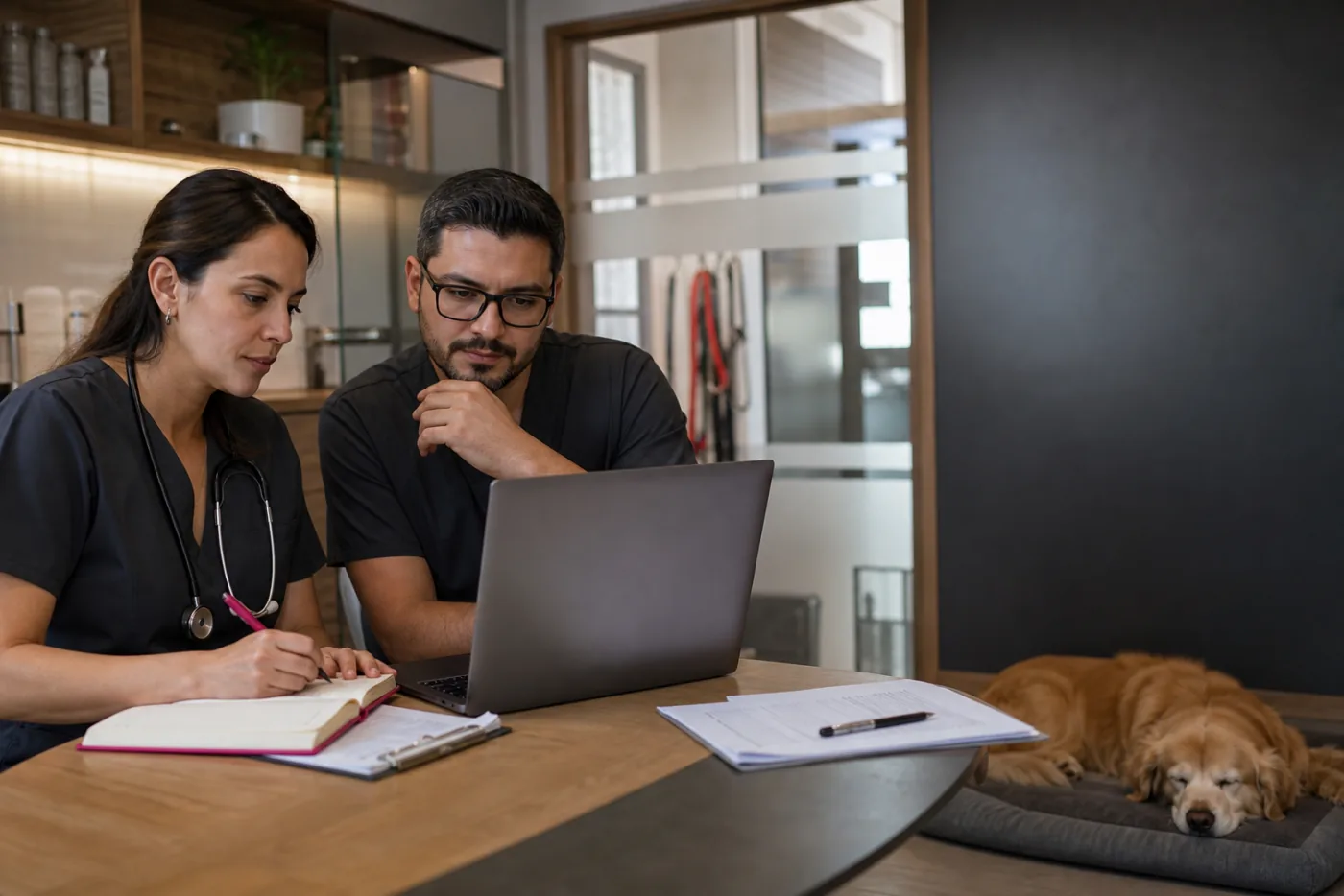 A veterinary team reviewing operational information